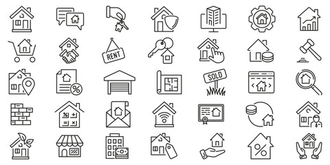Real estate icon. Real estate icon set. Containing house icon set. Linear style.
