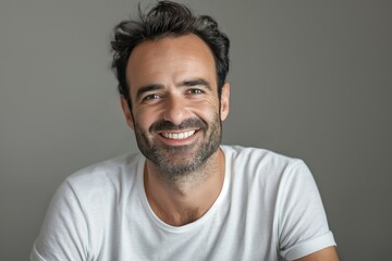 Obraz premium Positive mature man smiling confidently, isolated background. Handsome adult portrait with casual style.