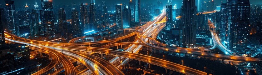 Obraz premium Stunning aerial view of a bustling modern city at night, showcasing illuminated highways and towering skyscrapers under a dark sky.