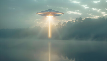 Alien spaceship emitting light beam in air over lake. UFO