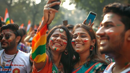 Obraz premium Vibrant Indian Festival Celebration with Joyful Crowd. Indian Independence Day
