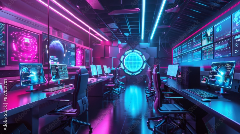 Poster A futuristic computer lab with rows of monitors and workstations illuminated by vibrant pink and blue neon lights.