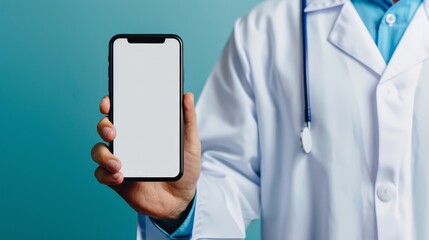 Doctor holding a smartphone with a blank screen in front of a teal background. Ideal for medical mockups and health app promotions.
