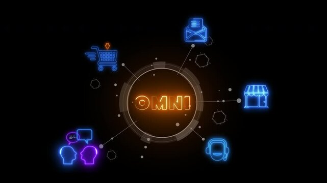 Omni Channel marketing concept. Digital online for business and social media marketing. Glowing neon line of omni channel icons concept isolated on transparent background.