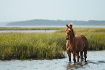 A wild horse of O.C. Maryland, strolls through the grassy Salt Marsh of Assateague island.