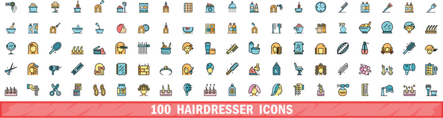 100 hairdresser icons set. Color line set of hairdresser vector icons thin line color flat on white