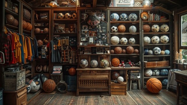 Sports Memorabilia Collection in a Rustic Room - Generative AI