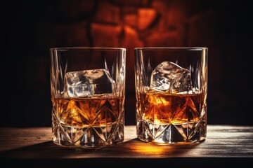 Elegant Whiskey Glasses with Ice on Wooden Table