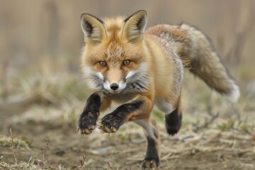 Fototapeta premium A young Red Fox Kit practices its pouncing techniques fro when it is off on its own and has to hunt for itself.