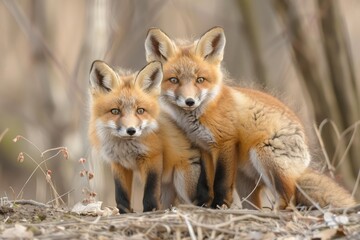 A Young Red Fox Kit stays close to momma while exploring its new outside world.