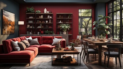 Obraz premium Cozy Autumn Living Room Interior with Large Windows and Vibrant Foliage View