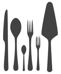 Cutlery silhouettes. Spoon, knife, forks isolated on transparent background