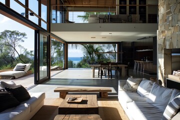 Spacious modern beach house interior featuring open living and dining areas, large windows, and an ocean view. Wooden furniture and natural light create a serene atmosphere