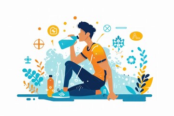 Fototapeta premium Flat design illustration of a person drinking water from a bottle while taking a break from exercising, with icons representing hydration benefits. The background includes elements such as a gym or