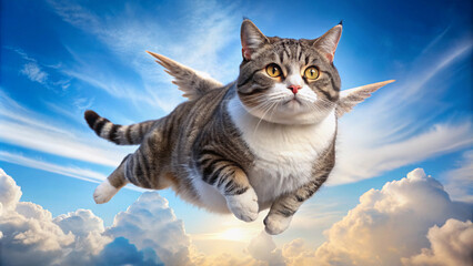 Obraz premium cute cat flies with wings in the clouds