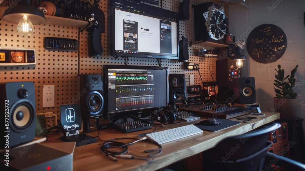 Poster a home music studio workspace with a computer, audio interface, speakers, and a microphone.