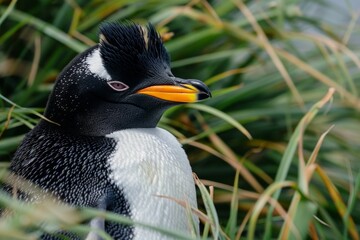 Naklejka premium Adorable Macaroni Penguin in the Grass in the Falkland Islands