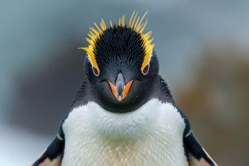 Naklejka premium Adorable portrait of one of the penguin species found in the East Falklands Island - the Macaroni Penguin.
