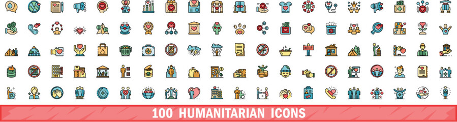 100 humanitarian icons set. Color line set of humanitarian vector icons thin line color flat on white