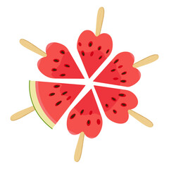 Ripe red cut segmented watermelon on wooden stick. top view, heart-shaped pieces Hand drawn flat style organic natural dessert, healthy sweet red juicy Sliced melon summer fruit. Vector illustration
