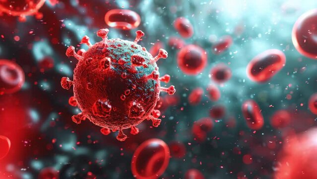 Microscopic view of a Virus among some blood cells. medical research and health education concept