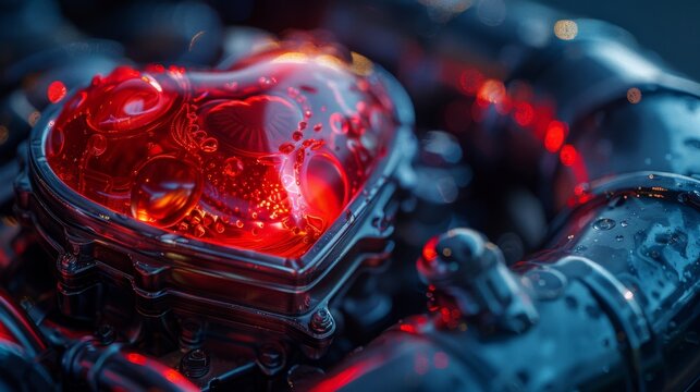 Mechanical Heart with Red Fluid and Tubes - Generative AI