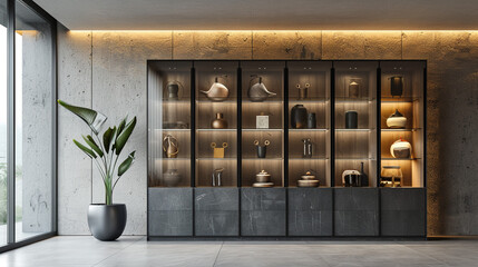 A sleek, modern cabinet with glass doors displaying curated collections against a backdrop of light grey textured wall. - Powered by Adobe