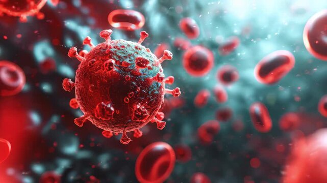 Microscopic view of a Virus among some blood cells. medical research and health education concept