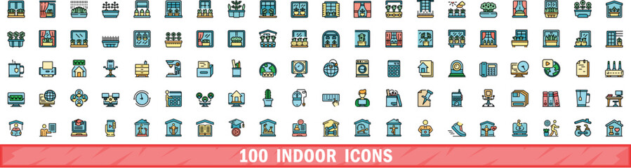 100 indoor icons set. Color line set of indoor vector icons thin line color flat on white