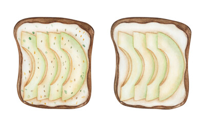 Watercolor avocado illustration. Hand painted avocado toast, sandwich. Sliced avocado on brown bread with cream cheese, white butter, spices, pepper. Breakfast, meal. Food set. Isolated clip art