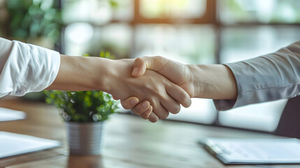 Close-up of a handshake between two professionals in an office, symbolizing agreement and partnership on a business deal.