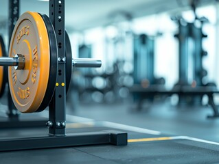A close-up of a weight rack in a modern gym, with weights and a barbell in the foreground, and exercise equipment blurred in the background.