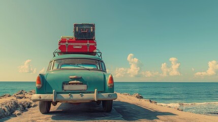 Old vintage car loaded with luggage on the roof arriving on beach with beautiful sea view