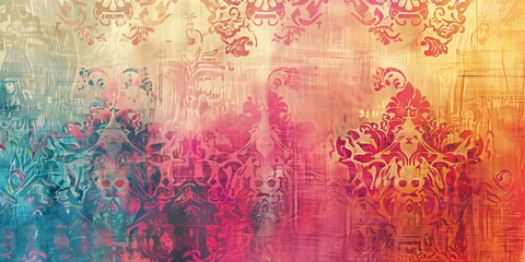Obraz premium Distressed vintage damask pattern with a mix of vibrant colors, creating an artistic and eclectic design perfect for decor and design projects