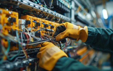 Gloved hands of a skilled electrician meticulously navigate wires and components within a control panel, showcasing technical expertise in power equipment repair.