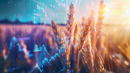 Wheat and Financial Data. A double exposure image featuring wheat ears overlaid with financial data charts, representing the integration of agricultural productivity and financial analytics.