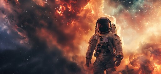 An astronaut, dwarfed by the majesty of an exploding nebula, stands resolute in the foreground, with ample copy space for your message.
