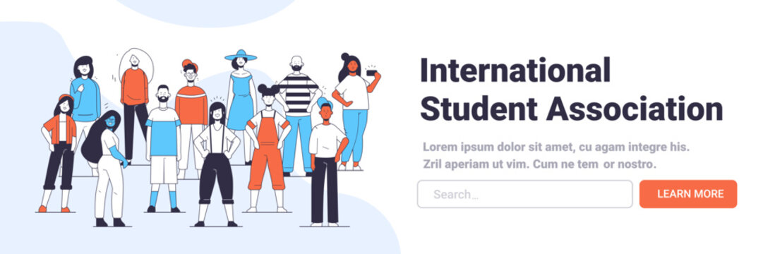 Diverse group of people standing together wearing casual clothing in a modern flat design with a blue and orange color scheme representing community, teamwork, and inclusivity in a