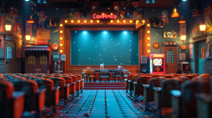 A detailed miniature movie theater with tiny seats, a big screen, and a concession stand.