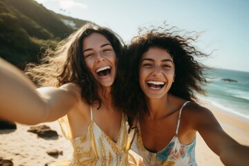 Two Latina Brazilian women friends joyfully raising their hands and dancing by the seaside laughing summer selfie.