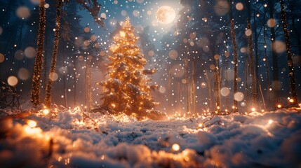 Magical Snowy Christmas Tree Under Moonlight Generative AI
