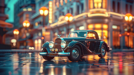 A miniature 1930s luxury car with a sleek design, parked in front of a tiny art deco building.