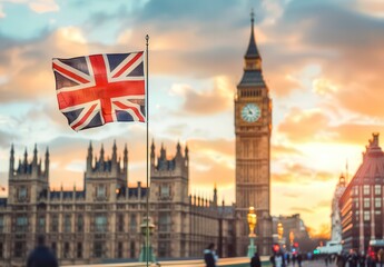 A flag with the British Union Jack is flying in front of the Big Ben clock tower