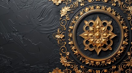 Naklejka premium Create a template with intricate gold Thai patterns on a black background, ensuring plenty of copy space and an elegant layout