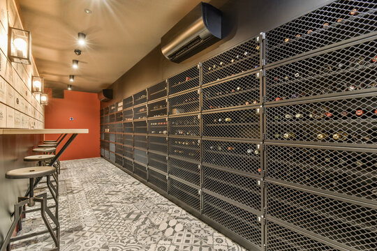 Modern Home Wine Cellar with Patterned Tile Floor