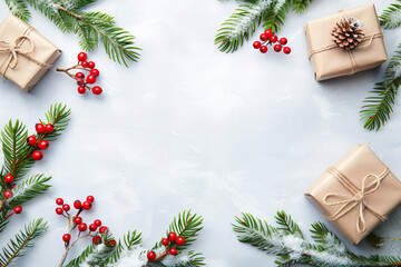 Elegant Christmas Background with Pine Cones, Gifts, Red Berries, Greenery, and Copy Space for Festive Holiday Celebrations