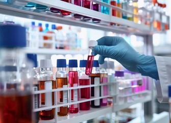 A hand in blue gloves holding up a test tube with red liquid and colorful tubes on the rack, against a laboratory background