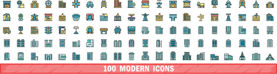 Naklejka premium 100 modern icons set. Color line set of modern vector icons thin line color flat on white