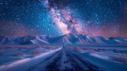 Stunning Milky Way Over Snowy Mountains and Road - Generative AI