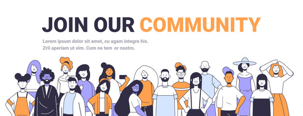 Diverse group of people standing together smiling and interacting representing community and inclusivity. Flat style vibrant colors